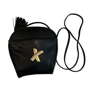 Vintage Studio Black Faux Leather Crossbody Bag Gold X Logo Tassel 90s